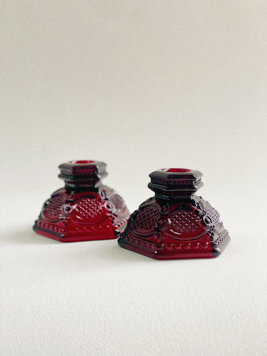 Antique Ruby Red Glass Candlestick Holders (Set of 2)