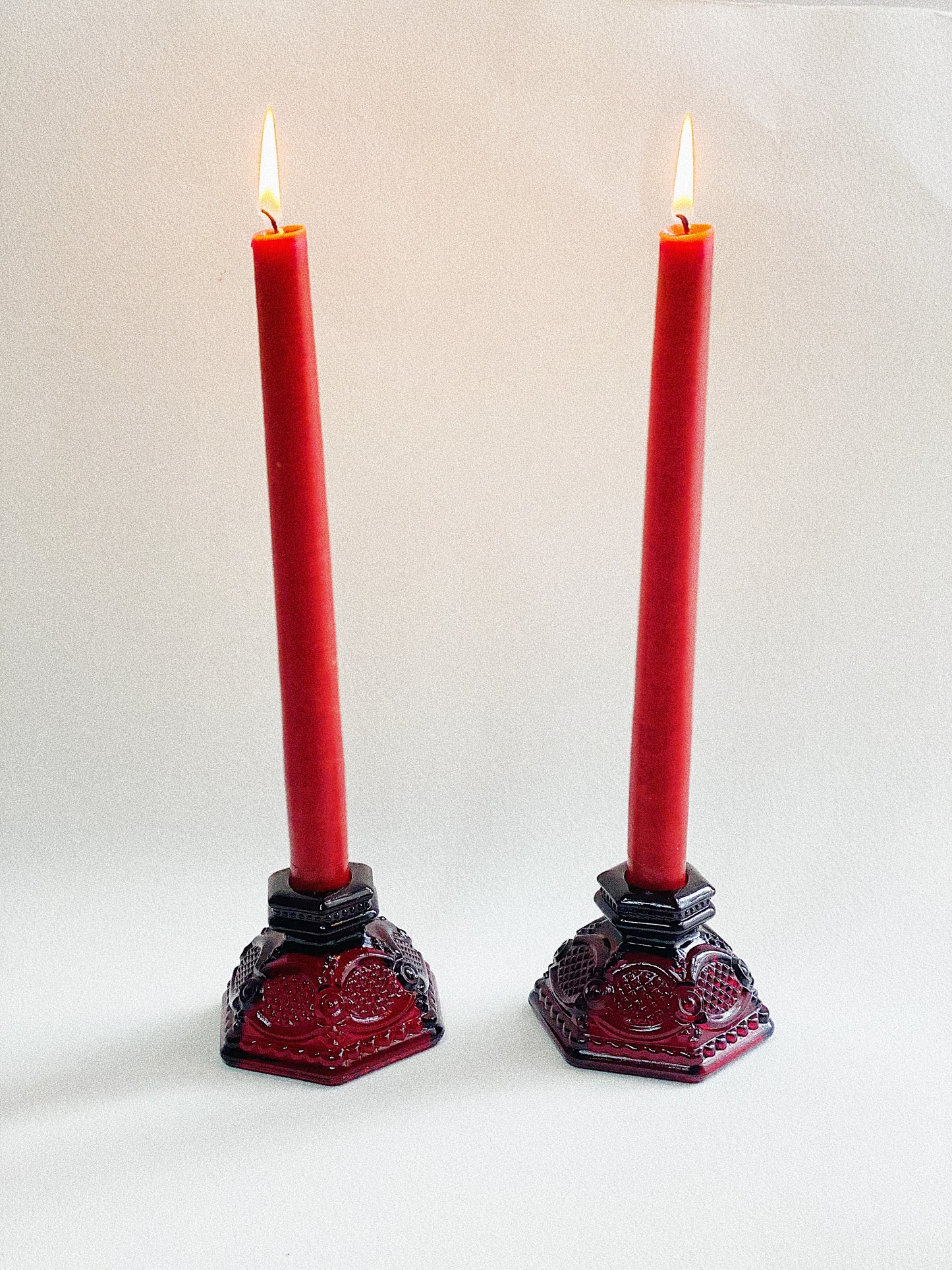 Antique Ruby Red Glass Candlestick Holders (Set of 2)