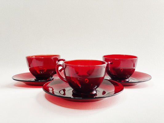 Ruby Red Teacups & Saucers (Set of 3)