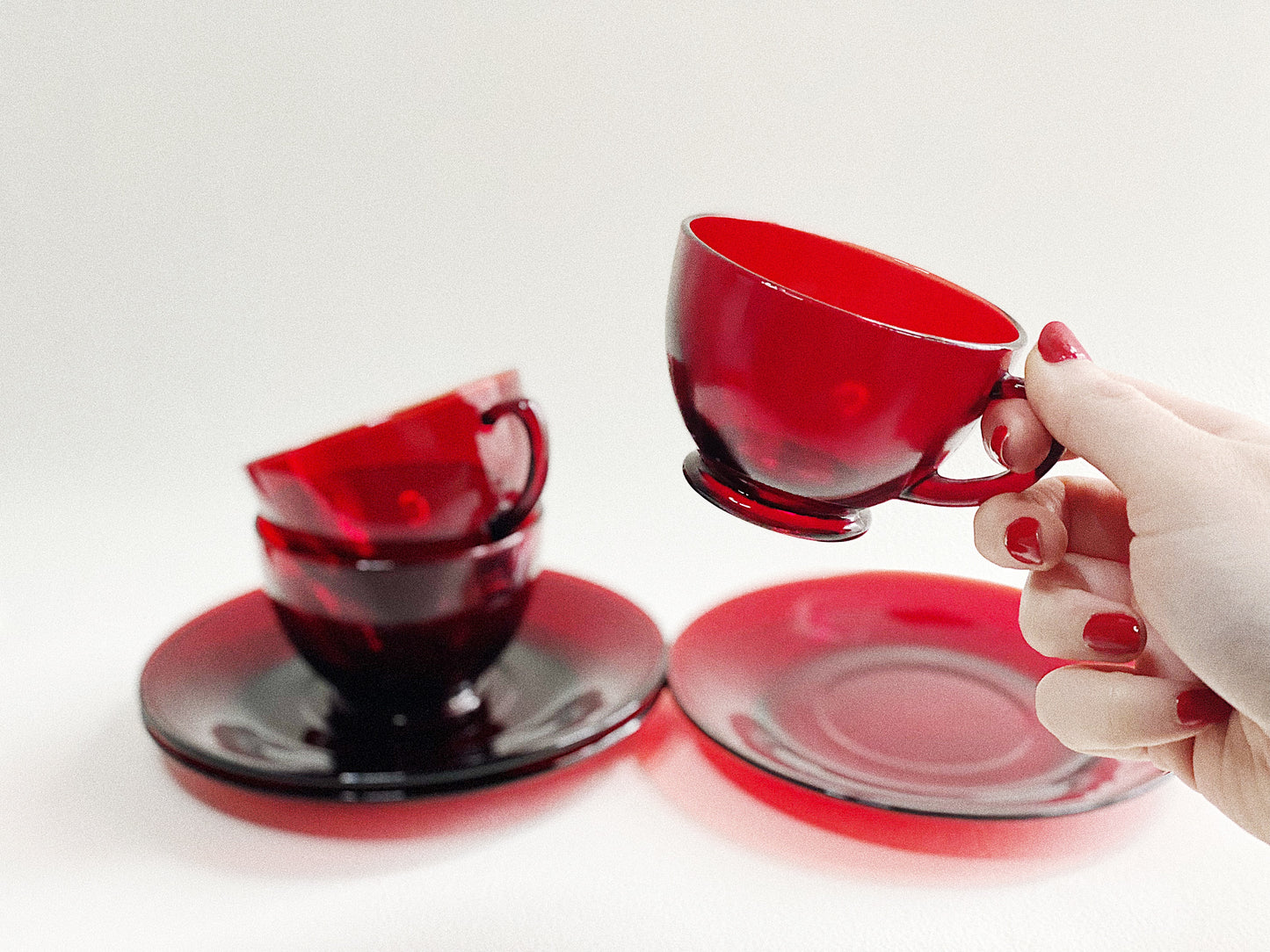 Ruby Red Teacups & Saucers (Set of 3)